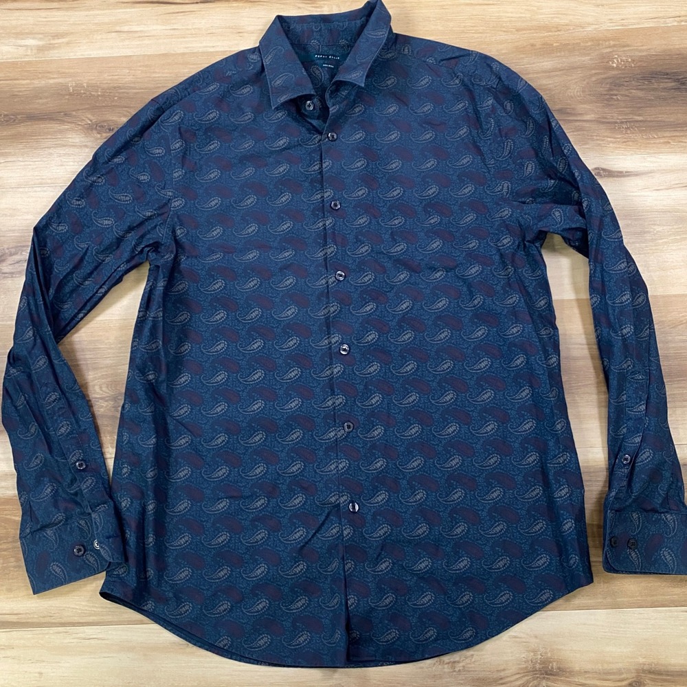 Perry Ellis Button Down Mens L Paisley 100% Cotton Non Iron Navy Blue Heritage